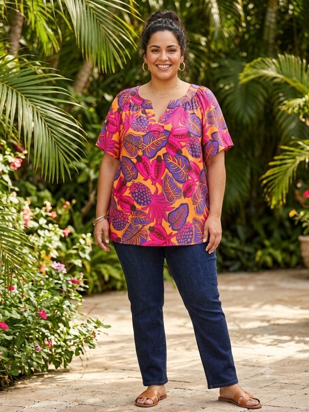 Workshop Republic Clothing Tropical Split-Neck Tunic in Pink & Orange